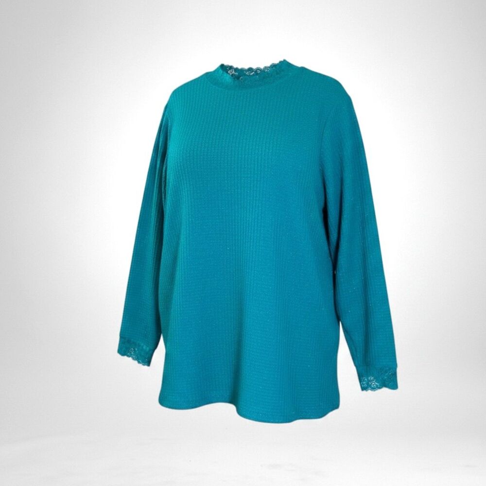 LOGO by Lori Goldstein Metallic Waffle Knit Mock Neck Knit Tunic, Size 3X